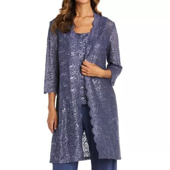 R&M Richards | NWT Womens Plus Size Grey-Blue Sprakle Sequin Lace Formal Set - Picture 1 of 15